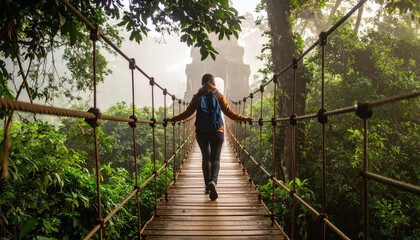 An adventurous girl wearing backpack walks on a suspension bridge made of rattan rope and in front of her are the ruins of an ancient building filled with trees, full of mystery.