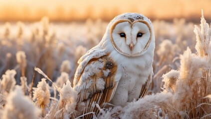 Wintewr rime frost surise. Barn Owl, Tyto alba, sitting on the rime white grass in the morning. Wildlife bird scene from nature. Cold morning sunrise, animal in the habitat, hidden in vegetation.