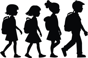 walking school girls and boys black silhouette vector illustration