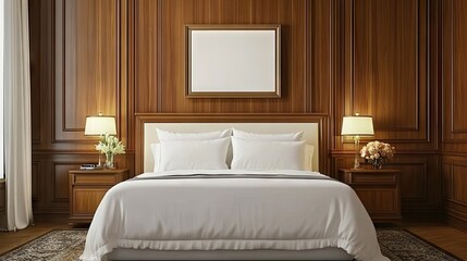 Luxurious bedroom with elegant wooden paneling.
