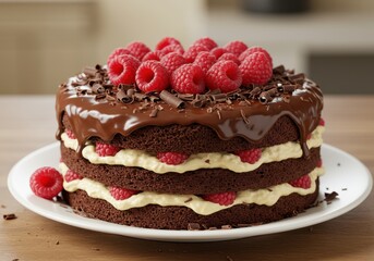 A multilayered chocolate cake adorned with raspberries and chocolate shavings is served on a white plate