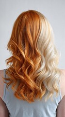 Obraz premium Stunning Half Blonde Half Copper Red Wavy Hair Style Back View