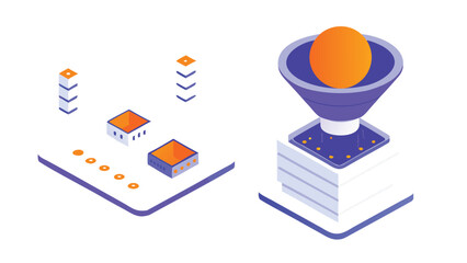 Isometric illustration showing data processing with funnel and data transformation process