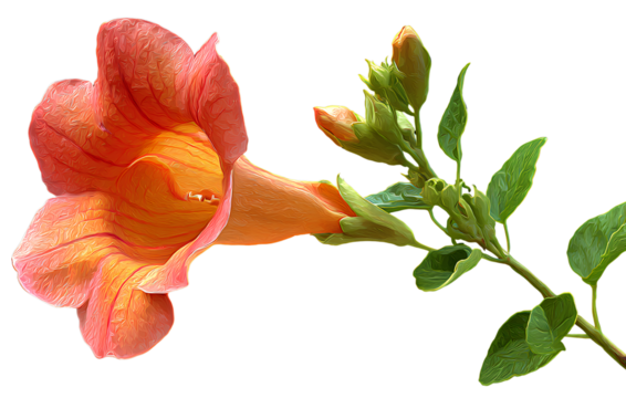 Trumpet Vine flower with long stem, isolated on transparent background