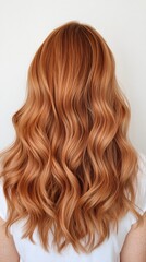 Naklejka premium Stunning Copper Red Wavy Hair Long Hairstyle Back View Woman s Hair Healthy Shiny Locks