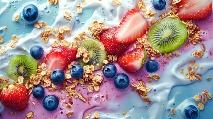 Colorful smoothie bowl with strawberries, blueberries, kiwi, and granola.