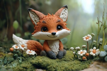 Fototapeta premium Cute Cartoon Fox Figurine Sitting in Forest with Flowers and Greenery
