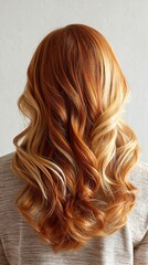 Fototapeta premium Long Red and Blonde Wavy Hair Woman s Back View Hair Style Beauty Salon Texture Gorgeous Healthy