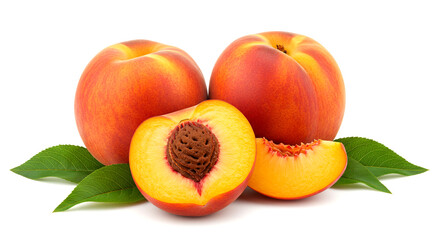 Fresh Peaches Arrangement Whole, Halved, and Sliced Fruits with Green Leaves on a Clean White Background