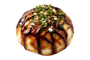 Japanese takoyaki ball topped with thick sauce, green onions, and bonito flakes, isolated on white transparent background, concept of street food