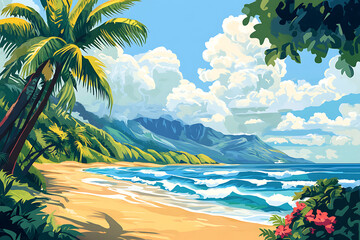 A stylized illustration of a tropical beach with exaggerated waves and bright pastel colored sand