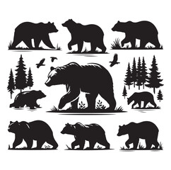 bear silhouettes vector, set of animals Brown grizzl Black vector