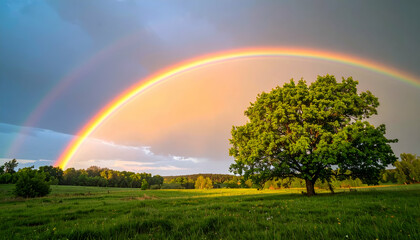 A vibrant rainbow arcs over a lush green landscape with a solitary tree.