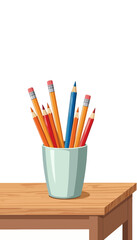 Obraz premium Colorful pencils in a holder on a wooden table 
