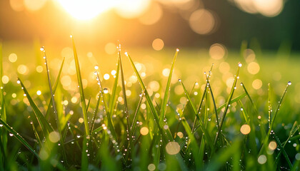 Dew-kissed grass glistens in sunlight, creating a serene, natural atmosphere.
