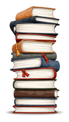 Stack of colorful books with varied covers and bookmarks  