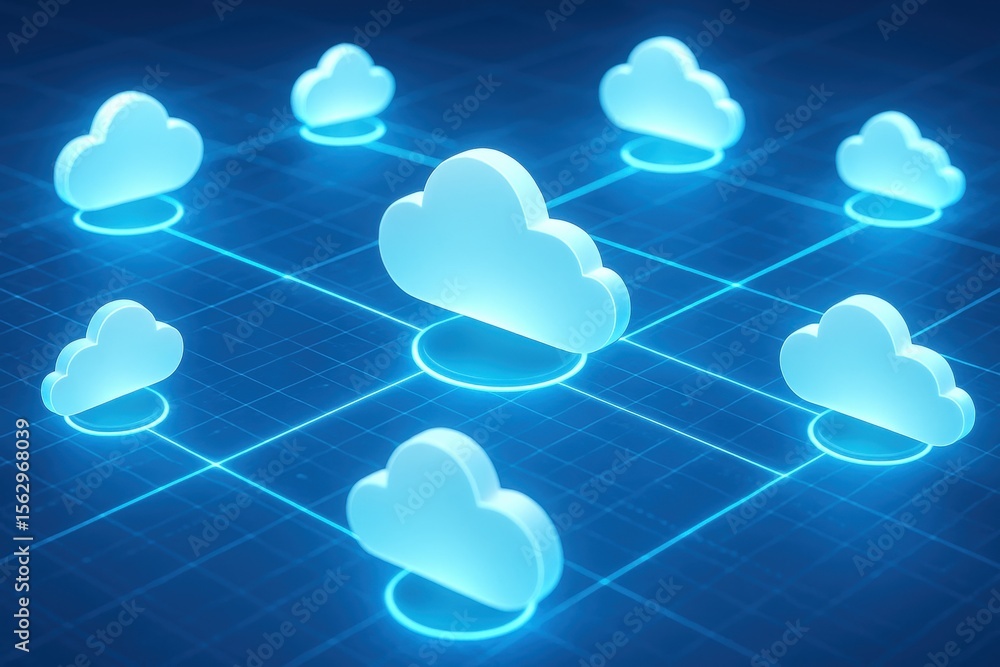 Fototapete Digital Cloud Network: Capturing a network of luminous digital clouds connected, symbolizing the interconnectedness of data and technology.