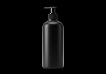 Black cosmetic bottle with pump dispenser on dark background