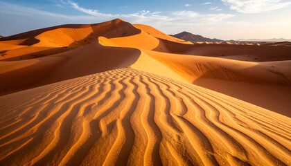 A serene desert landscape with undulating sand dunes and a clear blue sky.