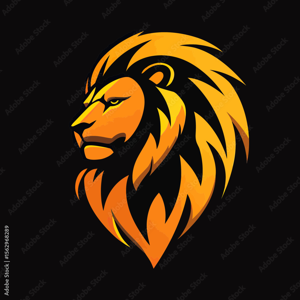 Poster vector lion head logo design with sharp golden mane and fierce expression in flat minimalist style f