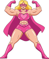 Illustrated superhero shows muscles and heart, woman with pink costume and cape shows power