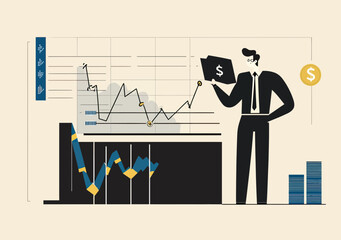 Businessman holding money briefcase analyzing financial graphs and charts with rising stock market trends and bar charts in flat minimalist style vector illustration