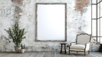 Empty frame in a rustic interior with a comfortable armchair.
