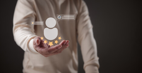 Person presents a holographic with rating stars and checkmark, Customer satisfaction, service...