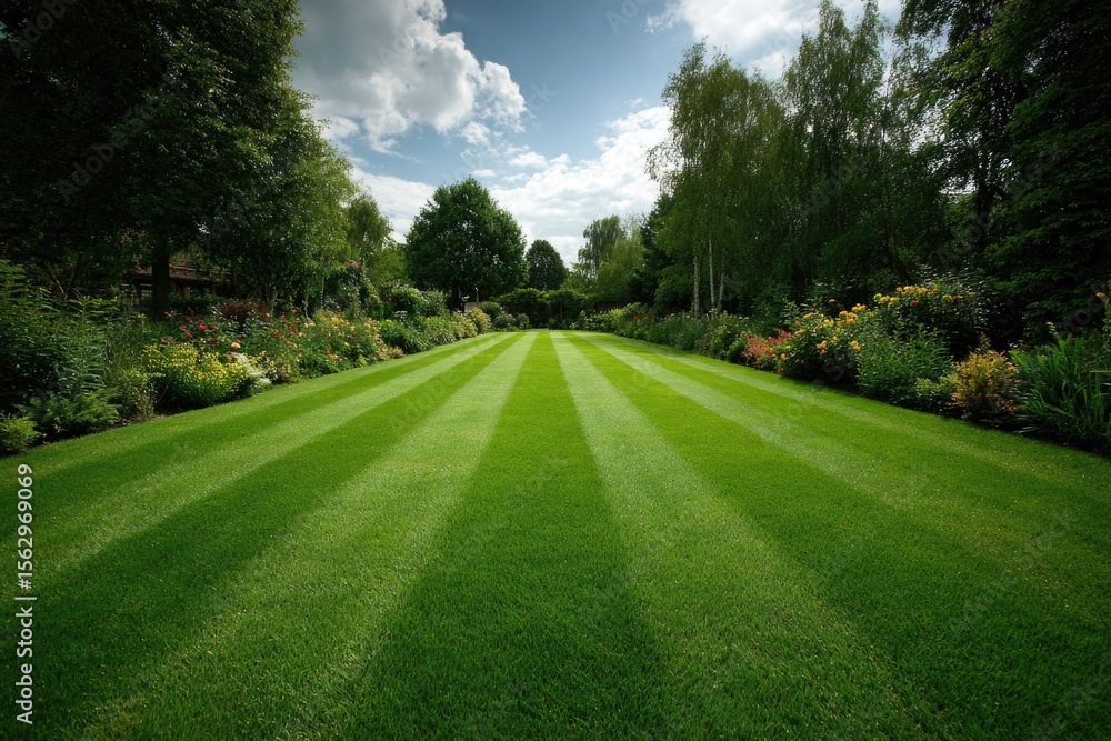 Poster empty lawn with stripes showing recent mowing pattern