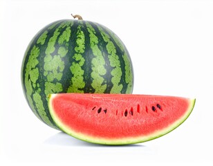 An irresistible collection of whole and cut watermelons, versatile for food photography, picnic scenes, or highlighting a vibrant, healthy lifestyle. Water melon in white background 