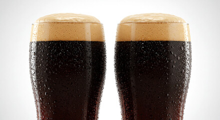 Two Refreshing Stout Beers in Tall Glasses with Condensation, Perfect for Celebrating St. Patrick's Day or Enjoying a Craft Brewery Experience
