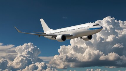 Fototapeta premium A large white passenger jet airplane soars through a vibrant blue sky, gracefully navigating fluffy cumulus clouds.