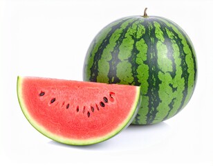An irresistible collection of whole and cut watermelons, versatile for food photography, picnic scenes, or highlighting a vibrant, healthy lifestyle. Water melon in white background