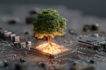 ESG investing as a glowing tree growing from a circuit board, roots tapping crypto soil