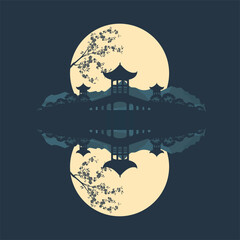 Traditional Asian pagoda with moon reflection in a calm lake, vector illustration.
