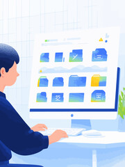 A modern flat-style digital illustration showing a person cleaning up duplicate files