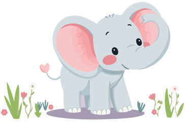 Cute baby elephant sitting, adorable animal character. Cartoon vector illustration isolated on white background.