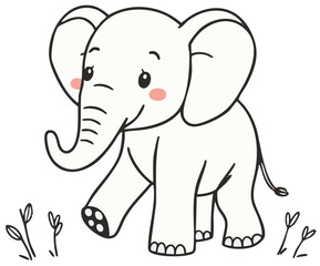 Naklejka premium Cute baby elephant sitting, adorable animal character. Cartoon vector illustration isolated on white background.