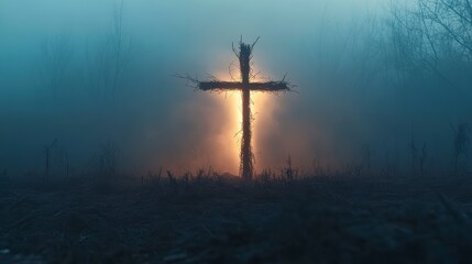 Glowing wooden cross in a foggy forest at dusk.