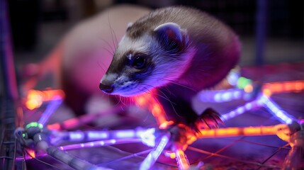 Ferret exoskeletons enhancing agility in maze races, neon LED joints for night competitions