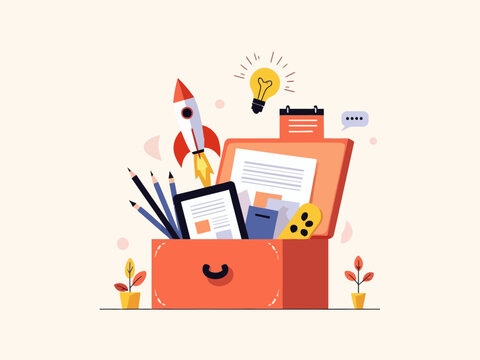 an open toolkit or drawer containing productivity symbols like a rocket, pen, lightbulb, calendar, chat bubble light neutral background