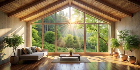 Fototapeta premium Serene Living Room with Expansive Forest View and Sunlight Streaming Through Large Windows