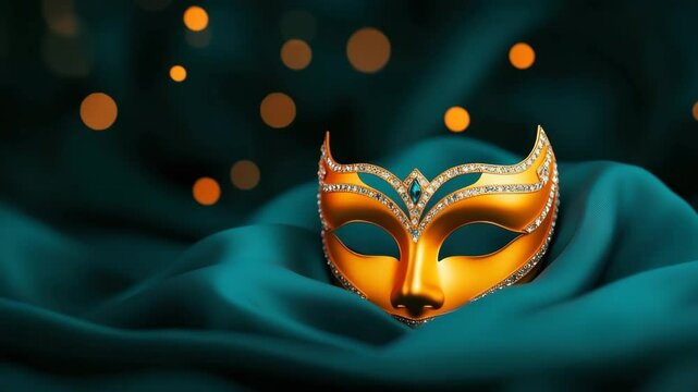 Golden mask with jewel rhinestone decoration on teal fabric featuring elegant bokeh light background creating mysterious festive atmosphere perfect for elegant decoration and celebration
