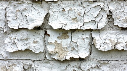 Fototapeta premium Peeling white paint on weathered brick wall, close-up shot