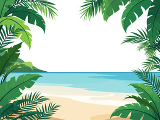 Fototapeta premium lush tropical greenery framing left, right, top and bottom edges, only green plants like monstera, banana leaves, ferns, palm fronds