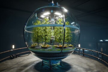 Floating hydroponic farm inside a glass orb, AI-controlled nutrient cycles, cyberpunk aesthetics