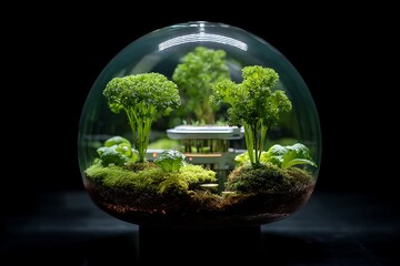Floating hydroponic farm inside a glass orb, AI-controlled nutrient cycles, cyberpunk aesthetics