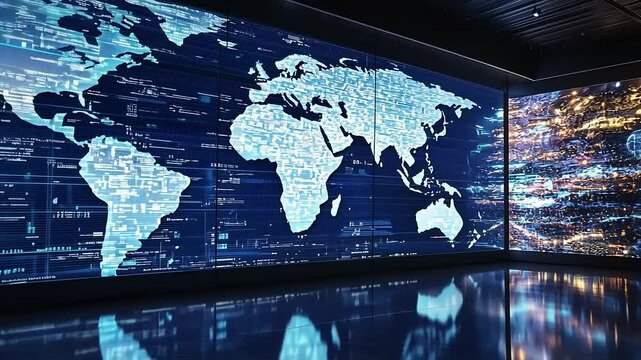 High-tech digital display featuring a world map and data visualization in a modern exhibition space - Powered by Adobe