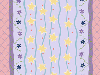 Seamless repeatable fabric pattern for a maxi dress, with a soft, whimsical vintage aesthetic 