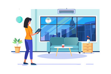 Fototapeta premium Woman using tablet in modern living room with city view and blue sofa